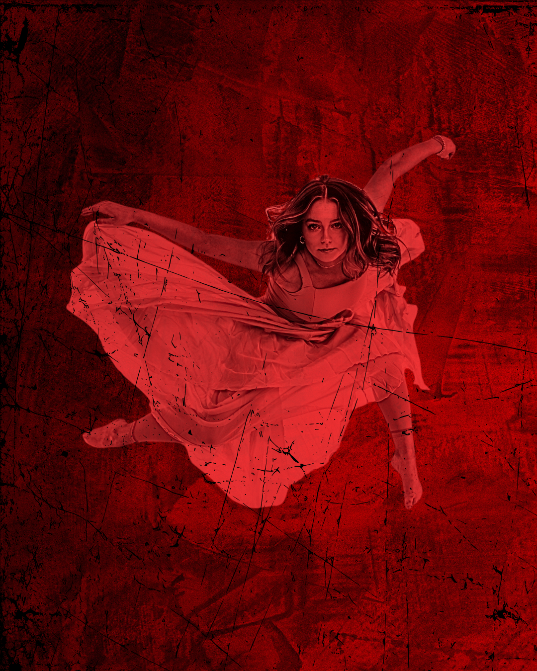 Female dancer leaning forward with red lighting and red background