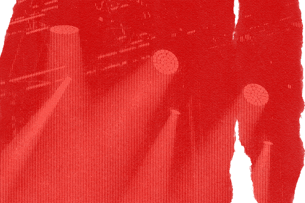 Stage lights with red color overlay, vertical halftone, and paper-like rips