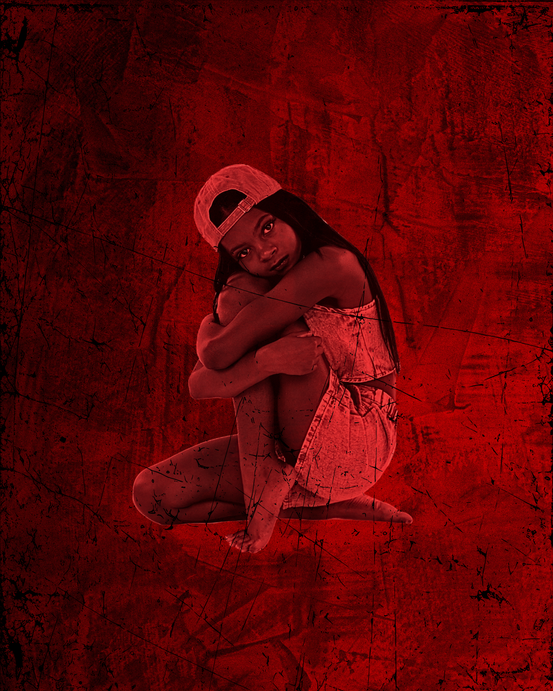 Female dancer sitting with arms wrapped around her leg with red lighting and red background