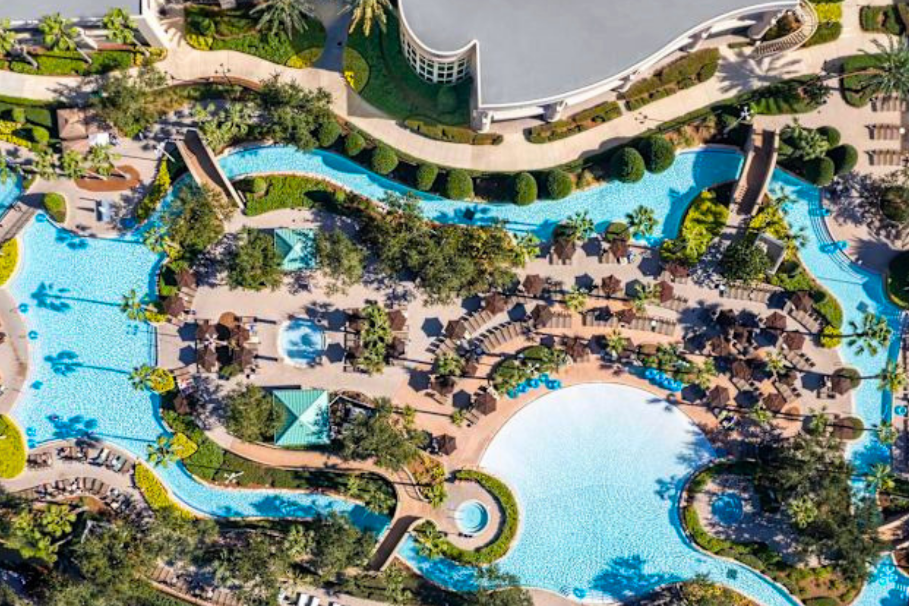 Bird's eye view of large pool with seating and trees