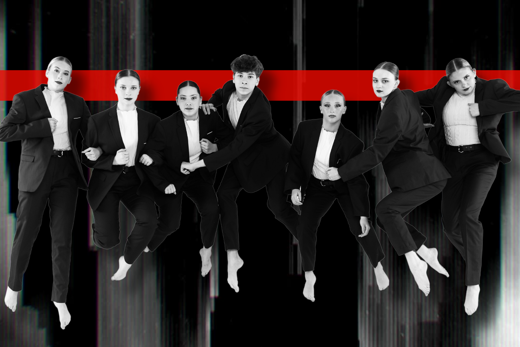 Black and white group of dancers mid-air with red horizontal stripe in the background