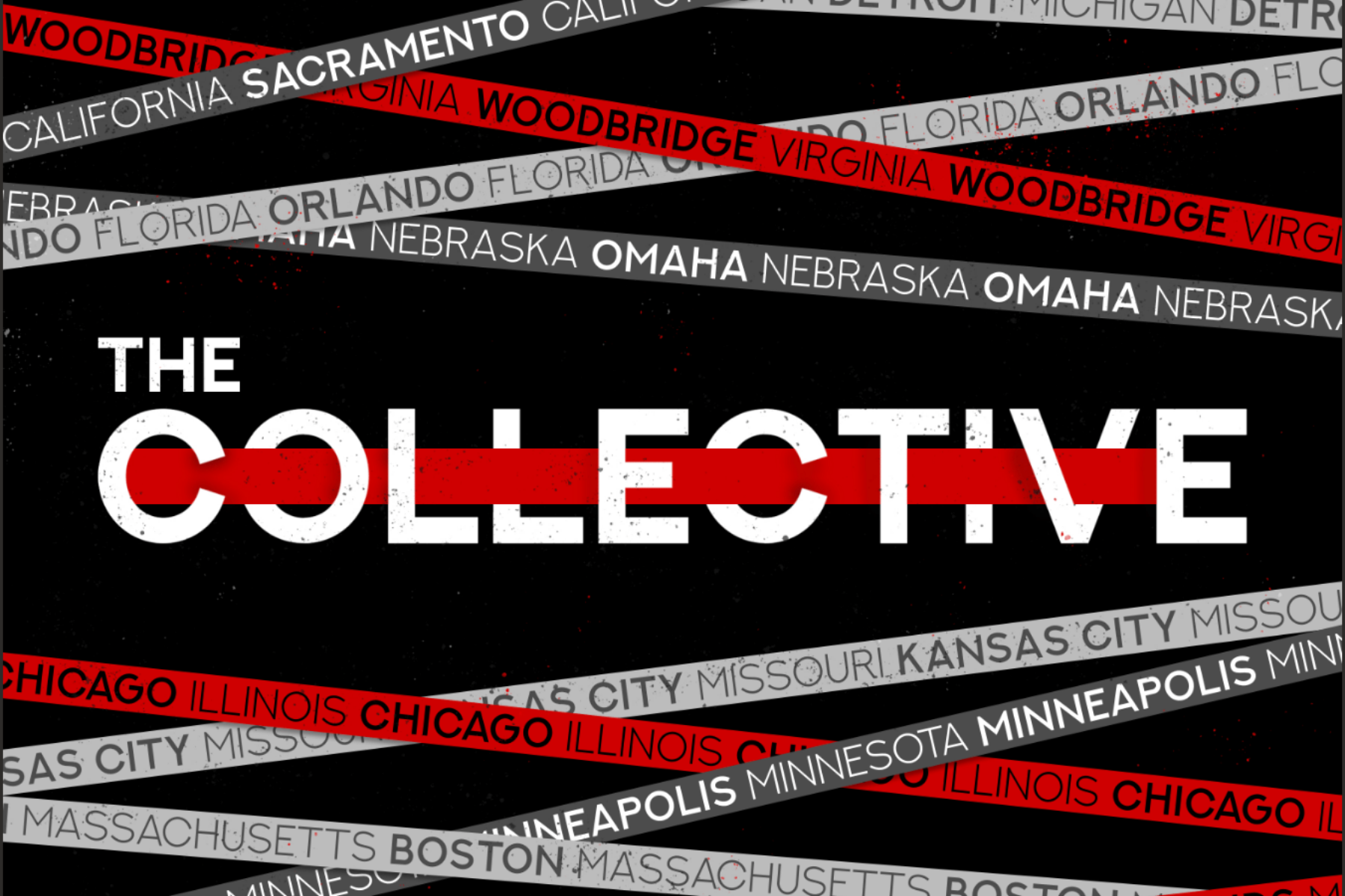 The collective logo and overlapping stripes containing city names