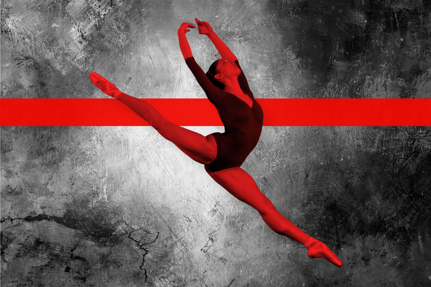 Female ballerina jumping with red color overlay and horizontal red stripe in the background